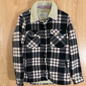 Soho Black and Cream Plaid Brushed Fleece Sherpa Lined Oversized Shirt Jacket